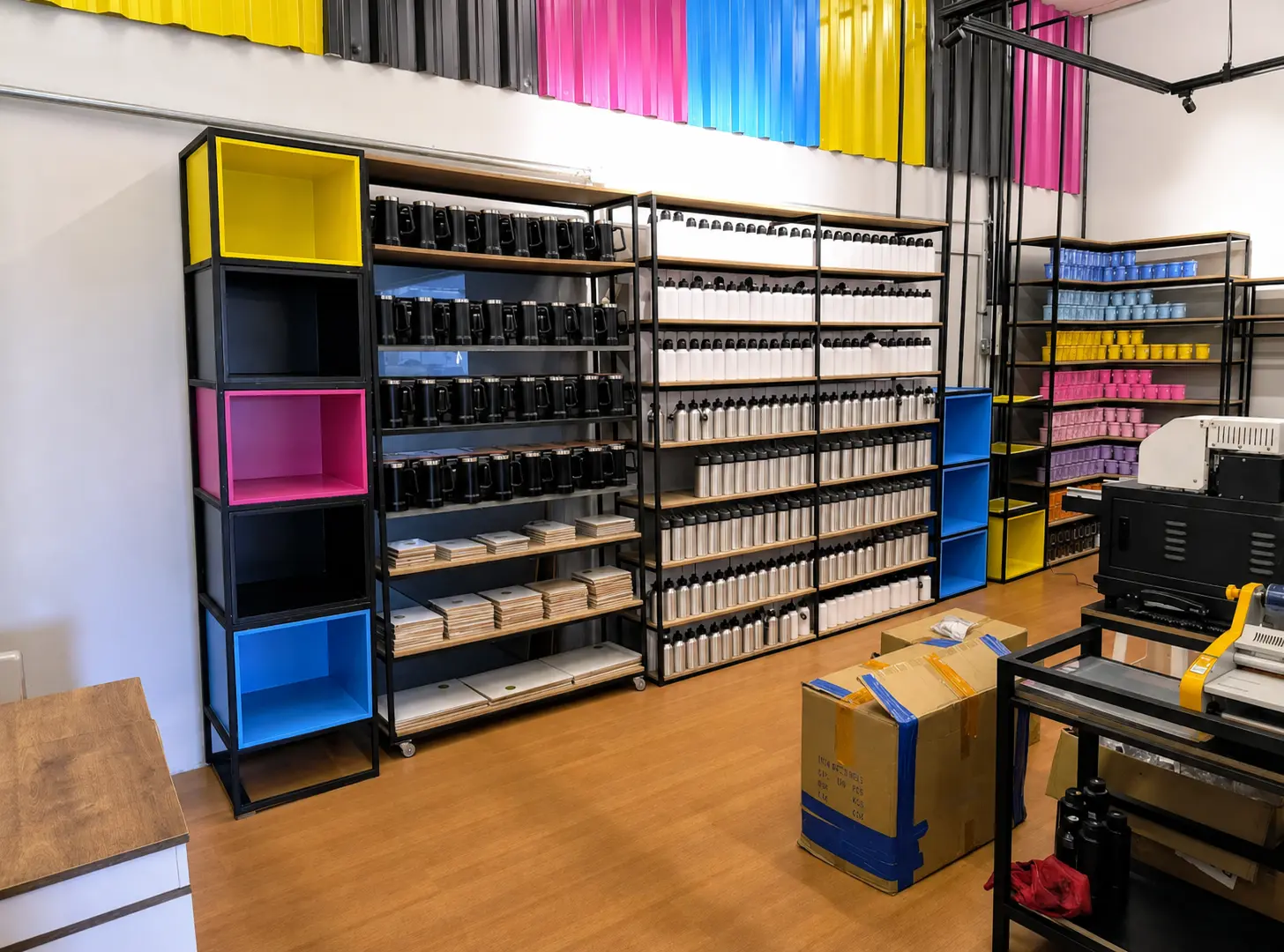 Estoque organizado de produtos para personalização na MF Estamparia