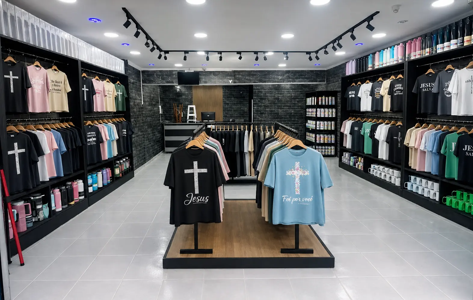 Showroom da MF Estamparia com camisetas personalizadas, canecas e garrafas